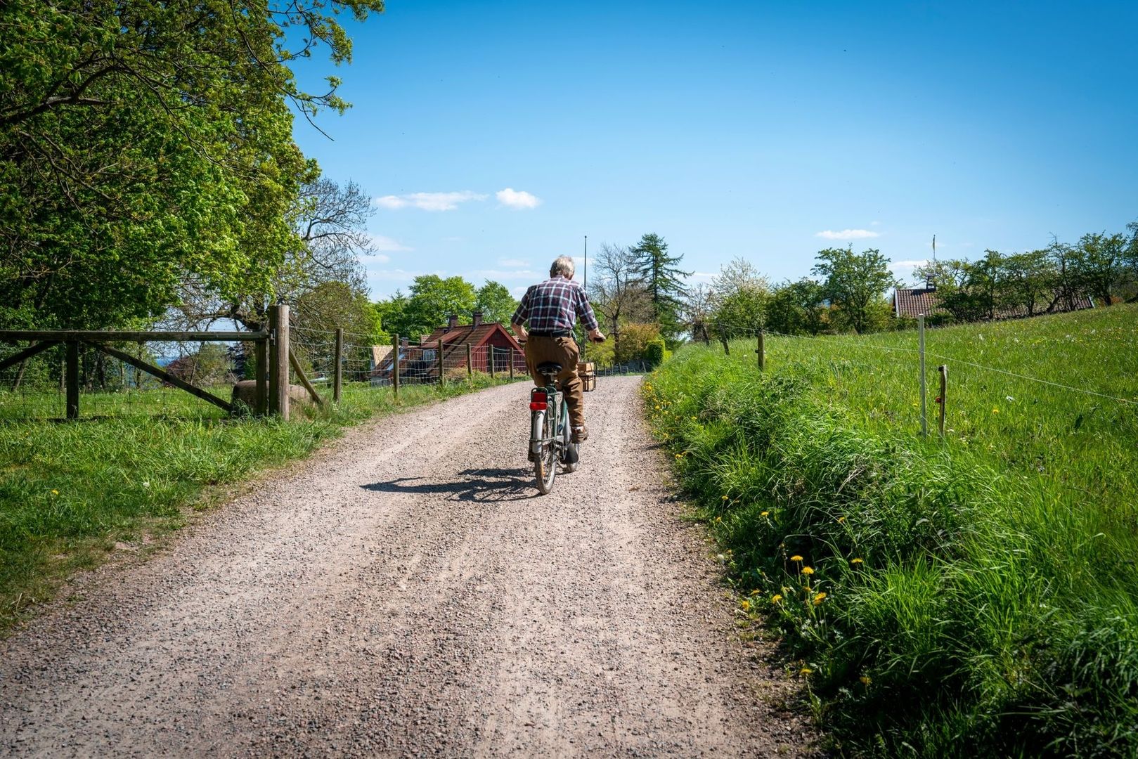 Cyklist trampar på en grusväg genom ett grönt landskap